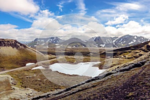 Wonderful Icelandic landscape with mountains, sky and clouds. Fjallabak Nature Reserve.