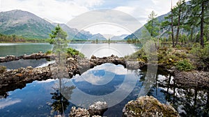 Wonderful lake wide panorama. Scenic summer landscape, mountains and blue cloudy sky at background. Eastern Sayan