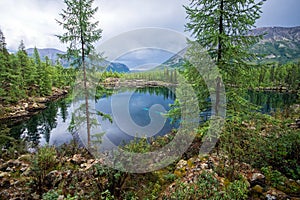 Wonderful lake wide panorama. Scenic summer landscape, mountains and blue cloudy sky at background. Eastern Sayan