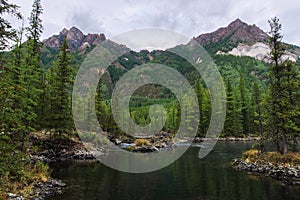 Wonderful lake wide panorama. Scenic summer landscape, mountains and blue cloudy sky at background. Eastern Sayan