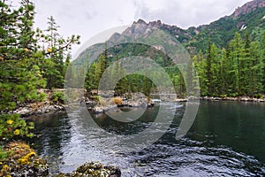 Wonderful lake wide panorama. Scenic summer landscape, mountains and blue cloudy sky at background. Eastern Sayan