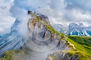 Wonderful landscape of  the Dolomites Alps.  Location: Odle mountain range, Seceda peak in Dolomites Alps, Italy, Europe