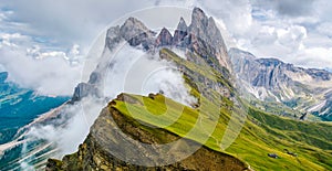 Wonderful landscape of the Dolomites Alps. Odle mountain range, Seceda peak in Dolomites, Italy. Artistic picture. Beauty world