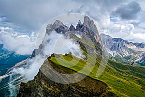 Wonderful landscape of the Dolomites Alps. Odle mountain range, Seceda peak in Dolomites, Italy. Artistic picture. Beauty world