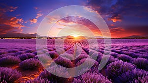 Wonderful landscape with lavender fields sunset landscape. Generative Ai