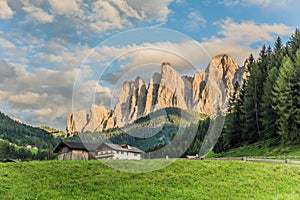 Wonderful landscape Santa Magdalena Village in Dolomites area Italy