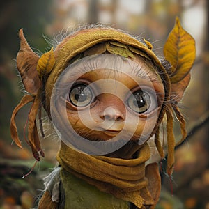 A wonderful little forest elf with big eyes. Fairy tale characters generated by AI. High quality image, picture for