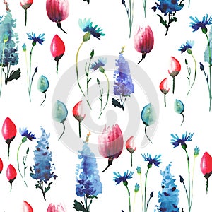 Wonderful lovely elegant graphic sophisticated spring floral herbal colorful textile blue delphiniums red pink tulips and blue cor