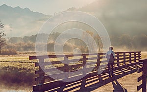 Wonderful Misty Morning At Alpine Mountais. Elderly Woman with Nordic Sticks, Hiking in the Foggy Meadow under Sunlight. Active