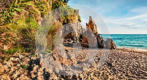 Wonderful morning view of Platis Gialos Beach. Picturesque spring seascape of Ionian Sea. Marvelous outdoor scene of Kefalonia