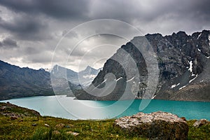 Wonderful mountain landscape lake, highland, peak, beauty world Picturesque view near Alakul lake in Terskey Alatoo mountains,