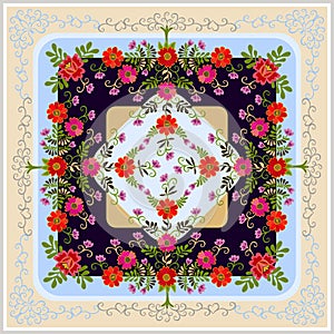 Wonderful natural ornament in ethnic style. Trees with red and pink flowers and purple buds stretch tops towards each other.