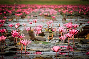 Wonderful nature landscape red pink lotus water lily flower lake sea in the morning, beautiful and famous tourist attractive