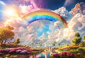 Wonderful painted picture of fairytale landscape with low cloudy valley and colorful rainbow