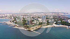 Wonderful panorama of the city of the resort of Anapa and the beaches in the city limits, a view from a drone from the