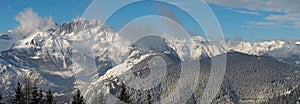 Wonderful panorama from Monte Pora to Presolana after a snowfall. Orobie Prealps, Bergamo