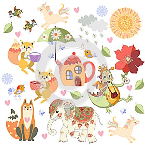 Wonderful print for baby bedding, wallpaper, fabric with funny fairy dinosaur, elephant, unicorns, squirrels, fox, birds