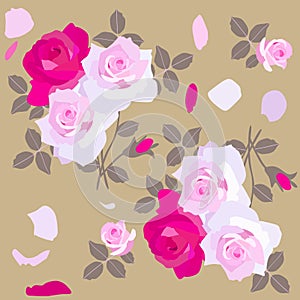 Wonderful romantic floral print for pillowcase or napkin. Bouquets of pink roses, petals and buds