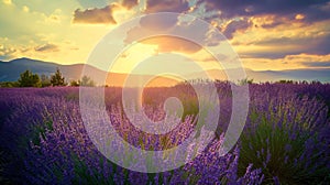 Wonderful scenery, amazing summer landscape of blooming lavender flowers, peaceful sunset view