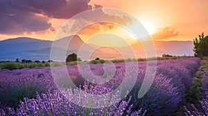 Wonderful scenery, amazing summer landscape of blooming lavender flowers, peaceful sunset view