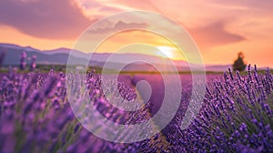 Wonderful scenery, amazing summer landscape of blooming lavender flowers, peaceful sunset view