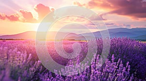 Wonderful scenery, amazing summer landscape of blooming lavender flowers, peaceful sunset view