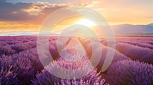 Wonderful scenery, amazing summer landscape of blooming lavender flowers, peaceful sunset view