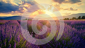 Wonderful scenery, amazing summer landscape of blooming lavender flowers, peaceful sunset view