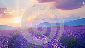 Wonderful scenery, amazing summer landscape of blooming lavender flowers, peaceful sunset view