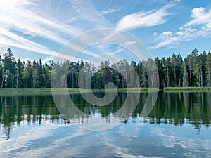 Wonderful scenery with a lake on a sunny summer day, tree silhouettes, blue skies with clouds reflected in calm water