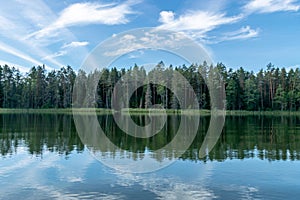 Wonderful scenery with a lake on a sunny summer day, tree silhouettes, blue skies with clouds reflected in calm water