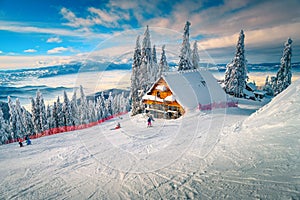 Wonderful ski resort with skiers, Poiana Brasov, Carpathians, Transylvania, Romania