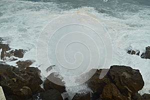 Wonderful Snapshots Taken In The Port Of Lekeitio Of Huracan Hugo Breaking Its Waves Against The Port And The Rocks Of The Place.