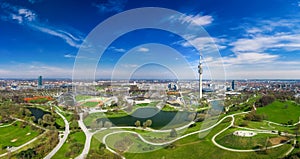 A wonderful spring day in Munich Olympiapark from above as a drone shot. photo