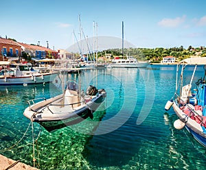 Wonderful spring view of port Fiskardo. Picturesque morning seascape of Ionian Sea. Stunning outdoor scene of Kefalonia island,