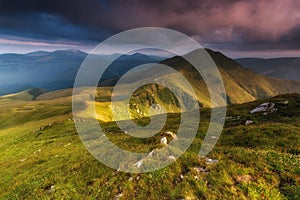 Wonderful springtime panoramic landscape in mountains at sunset. Nature Park. Natural reserve.