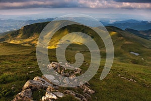 Wonderful springtime panoramic landscape in mountains at sunset. Nature Park. Natural reserve.