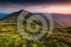 Wonderful springtime panoramic landscape in mountains at sunset. Nature Park. Natural reserve.