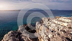 Wonderful summer seascape of Ionian Sea. Wonderful place for holiday. Amazing Greece. Picturesque colorful in Kefalonia island.