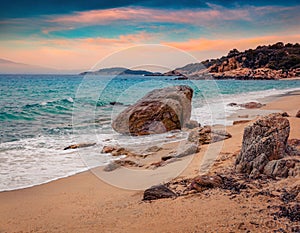 Wonderful summer sunrise on Cuba Beach, Olimpiada village location, Greece, Europe.