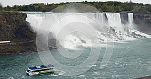 Wonderful summer trip aboard Maid of the Mist to majestic Niagara Falls. American-Canadian border from deck of iconic