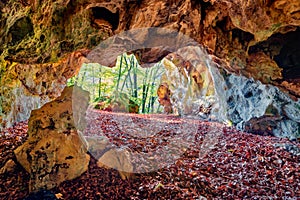 Wonderful summer view from inside of cave in Plitvice National Park