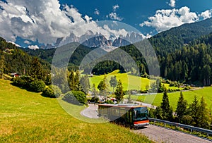 Wonderful Sunny Landscape of Dolomite Alps. St Johann Church, Santa Maddalena, Val Di Funes, Dolomites, Italy. Fairy