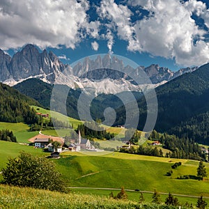 Wonderful Sunny Landscape of Dolomites Alps. Scenic Imege of Alpine Valley With Majestic Rocky Mountains peaks and