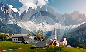 Wonderful Sunny Landscape of Dolomites Alps. Scenic Imege of Alpine Valley With Majestic Rocky Mountains peaks and perfect sky,