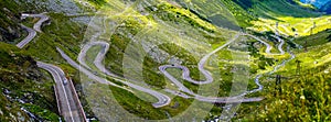 Wonderful sunny scenery. mountain road with perfect sky. Romania. Carpathians, Ridge Fagarash. Transfagarasan road.