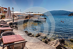 Wonderful Sunny seascape. Fiskardo village and harbor on Kefalonia Ionian island, Greece. popular travel destination