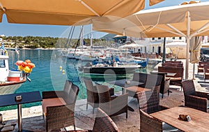 Wonderful Sunny seascape. Fiskardo village and harbor on Kefalonia Ionian island, Greece. popular travel destination