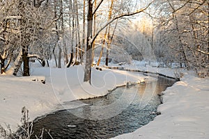 a wonderful sunny winter day, trees covered with white frost, a small river