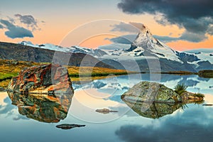 Wonderful sunrise with Matterhorn peak and Stellisee lake, Valais, Switzerland